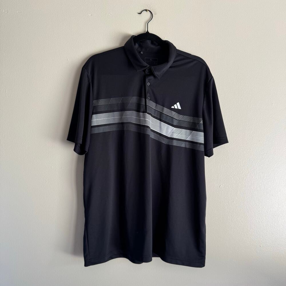 Adidas Black Core Chest Stripe Wave Short Sleeve Polo Shirt XL Preppy Golf
